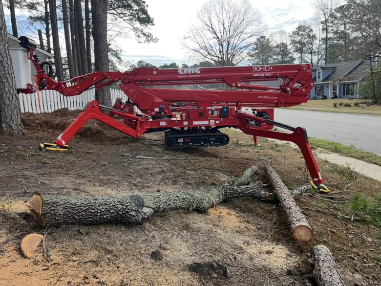 Spider lift set up for an emergency removal in Purgitsville, WV, after a poplar hung up in pines.